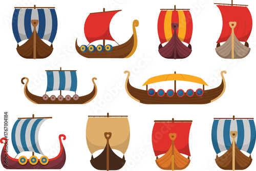 Viking ship collection, ancient longboat illustration, nordic sailing vessels, medieval drakkar boats, historical maritime vector art design