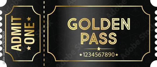Luxury Golden Ticket Pass – VIP Event Admission, Elegant Black and Gold Invitation