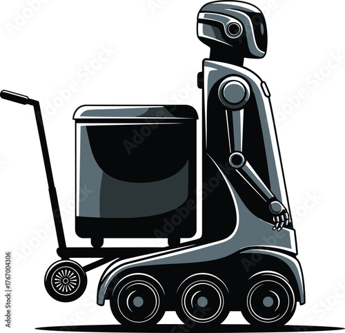 Futuristic delivery robot with cargo container and trolley, robot, delivery, autonomous, vehicle, cargo, container, trolley, futuristic, technology, automation, logistics, service, machine, ai, artifi