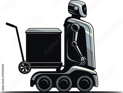 Futuristic robot with cargo cart on white background robot, delivery, autonomous, delivery, futuristic, freight, carrier, modern, industrial, background., robotic, autonomous, technology, humanoid, gr