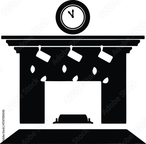 Vector Fireplace mantel clock with decorations silhouette illustration