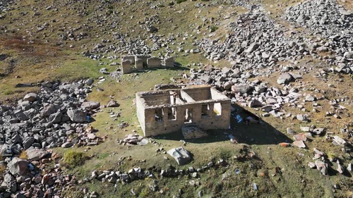 Aerial drone footage of an abandoned weather station at 3,400 m in Ala-Archa National Park, Kyrgyzstan