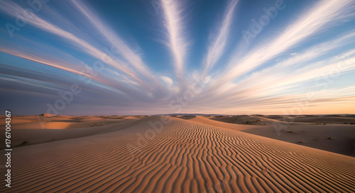 Dramatic sunset sky with wispy clouds over rippling sand dunes in a vast desert landscape