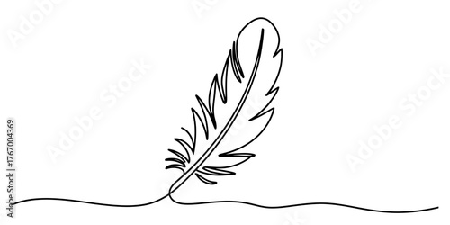 Elegant continuous line art drawing of a feather with a wavy line base vector