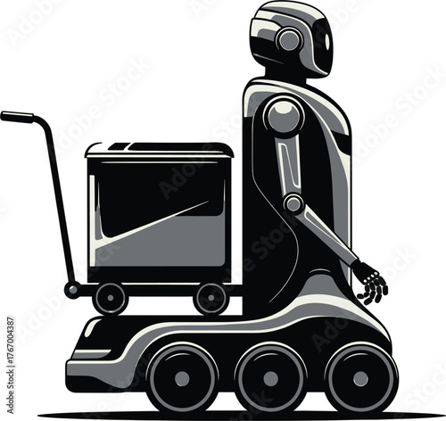Futuristic robot with cargo cart on white background robot, delivery, autonomous, delivery, futuristic, freight, carrier, modern, industrial, background., robotic, autonomous, technology, humanoid, gr