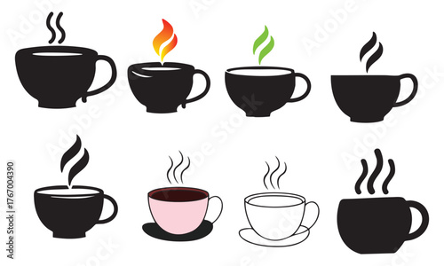 Coffee and tea cup icons set with vector illustrations of hot espresso, cappuccino, and mocha mugs for cafe design