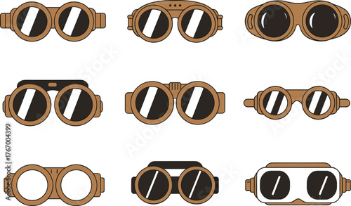 Steampunk goggles collection, vintage pilot eyewear illustration, retro aviation glasses set, industrial fashion accessory, vector design