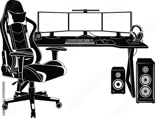 Gaming workstation with triple monitors and ergonomic chair, gaming, workstation, computer, desk, chair, monitors, keyboard, mouse, speakers, headphones, gaming chair, computer desk, triple monitors, 