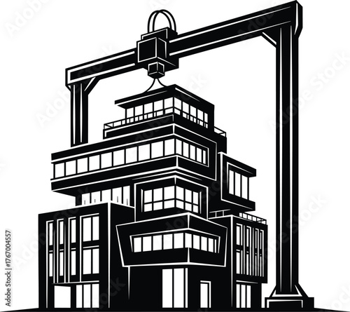 Modern building construction with overhead crane architecture, building, architecture, construction, crane, industrial, modern, design, structure, engineering, machinery, lifting, heavy equipment, dev