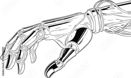 Line art drawing of a robotic hand with wires and joints, robot, hand, robotic, mechanical, artificial, limb, technology, line art, drawing, black and white, wires, joints, articulated, fingers, thumb