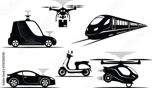 Modern transportation and delivery vehicle icons drone, drone, delivery drone, autonomous car, self driving car, electric scooter, motorcycle, helicopter, futuristic vehicle, transportation, technolog