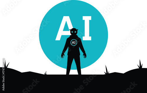 Silhouette of a demon figure with AI symbol against a large circle, silhouette, demon, figure, ai, artificial intelligence, circle, blue, white, background, black, ground, grass, horns, eyes, glowing,