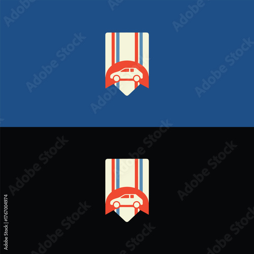 Car logo design featuring a vintage vehicle on a shield with red and blue stripes, perfect for automotive businesses, car clubs, or transportation services seeking a retro and classic aesthetic