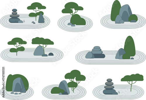 zen garden rock design, japanese landscape illustration, bonsai trees, meditation stones, peaceful minimalist nature background