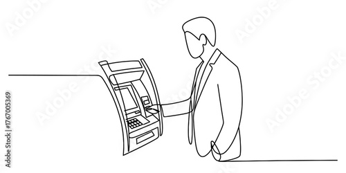Minimalist single line drawing of a person interacting with a digital kiosk or terminal vector
