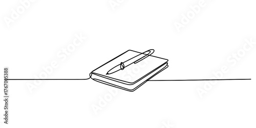 Continuous one line art drawing of a fountain pen resting on a notebook vector