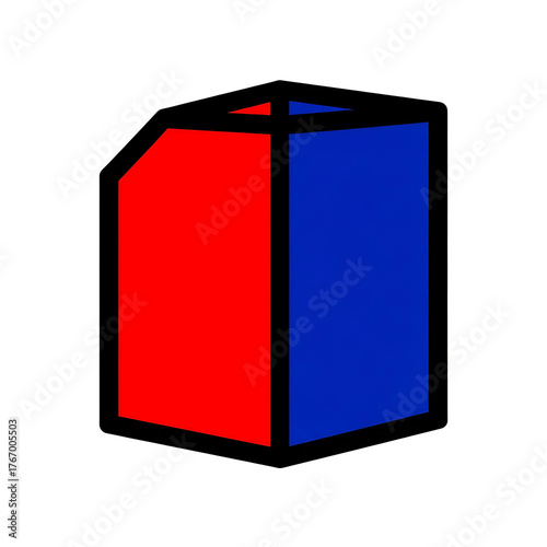 Abstract geometric prism with red and blue faces on white background