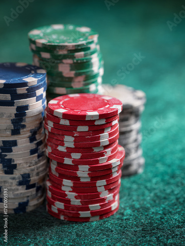 Stack of Poker Chips on Green Casino Table — Classic Gambling Background