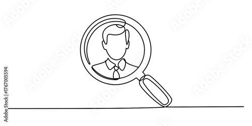 Continuous line art drawing of a magnifying glass focusing on a person's profile vector
