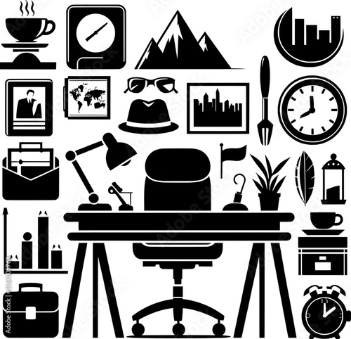 Vector art of office desk with various items and a chair