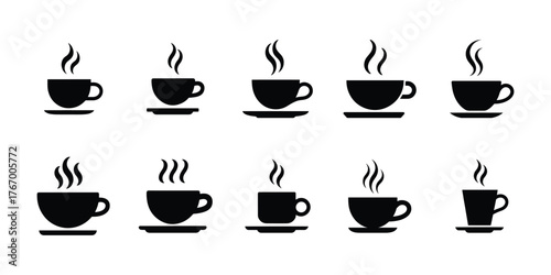 Vector hot coffee cup with steam and saucer, Black silhouette collection