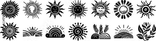 Vector art of collection of stylized sun icons and symbols