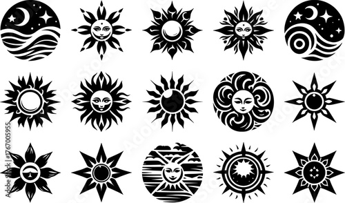 Vector art of diverse collection of sun and celestial icons