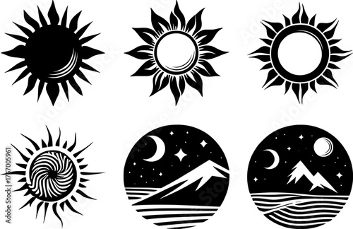 Vector art of collection of stylized sun and celestial landscape icons
