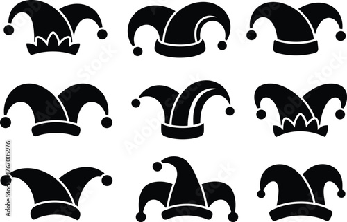 jester hat collection, joker carnival cap icons, harlequin costume symbol, medieval clown hat silhouette, festival party design vector