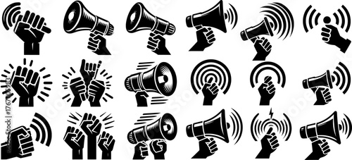 Vector art of set of black icons representing protest and activism with megaphones and fists