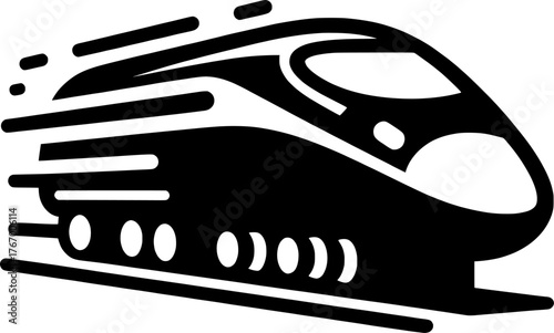 Vector art of stylized black and white illustration of a highspeed train moving fast on tracks