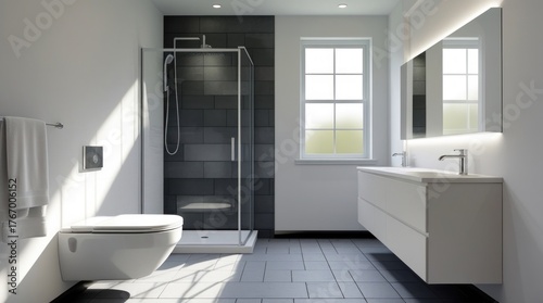 Wallpaper Mural Modern bathroom with glass shower and wall-hung toilet. Torontodigital.ca