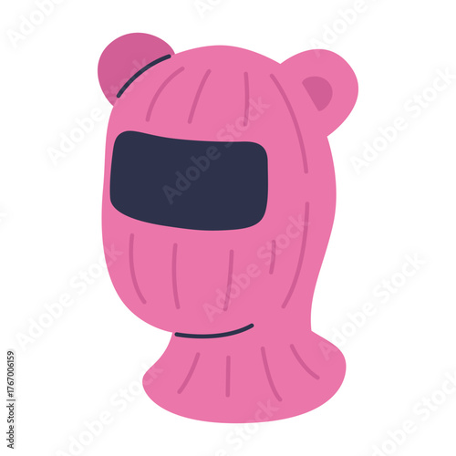 Pink balaclava winter mask with bear ears, warm knitted headwear. Trendy modern vector illustration isolated on white background, hand drawn, flat design