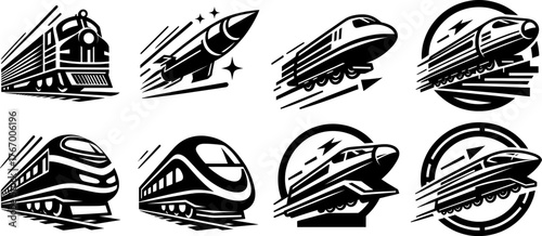 Vector art of collection of diverse train and rocket icons