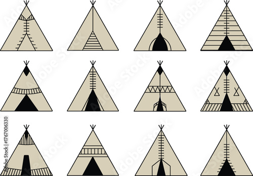 traditional native teepee tents collection, tribal tipi illustration, ethnic camping shelter icons, boho outdoor culture, heritage vector art design
