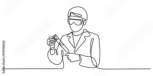 Continuous one line art drawing of a scientist in a lab coat holding a test tube vector