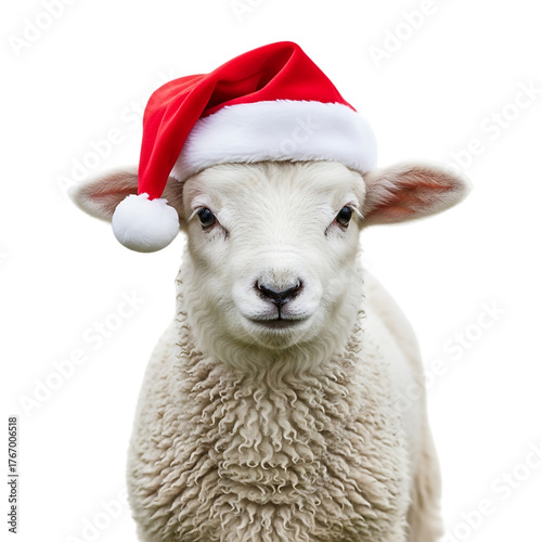 Gentle young white lamb wearing a snug red Santa hat on transparent background for classic holiday designs