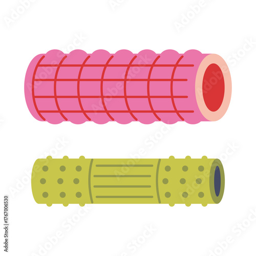 Set of colorful foam rollers for fitness and massage recovery. Modern vector illustration isolated on white background, hand drawn, flat design