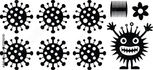 Funny virus cartoon characters, black silhouette germs illustration, cute bacteria monsters design, microbiology concept, healthcare vector art