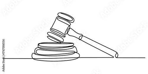 Single line art drawing of a judge's gavel and sounding block elegantly rendered vector