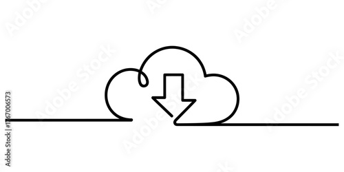 Continuous one line art drawing of a cloud with a download arrow iconic symbol vector