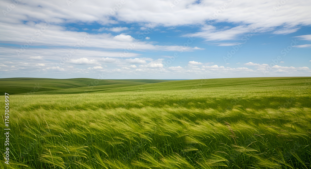 Fototapeta premium Vast green field under a blue sky with white clouds, a beautiful natural landscape