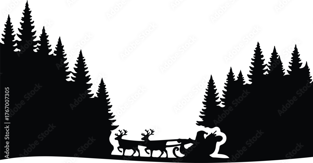 Obraz premium Vector Santa Claus reindeer sleigh Christmas tree forest silhouette illustration