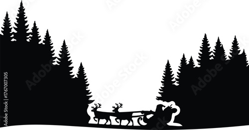 Vector Santa Claus reindeer sleigh Christmas tree forest silhouette illustration