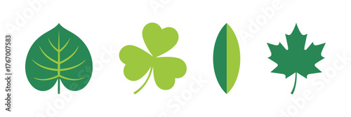 A vector set of four simple, iconic green leaves: heart-shaped, clover, elliptical, and maple. Ideal for eco, bio, and nature designs.
