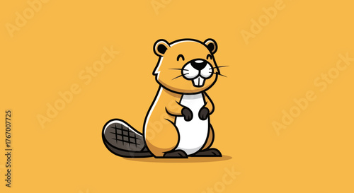 A cartoon beaver smiles, standing upright on a yellow-orange background