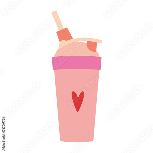 Pink protein shake cup with straw, symbol of healthy nutrition and sport. Trendy modern vector illustration isolated on white background, hand drawn, flat design
