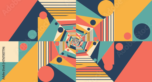 Geometric composition with shapes and colors converging into a tunnel-like vortex