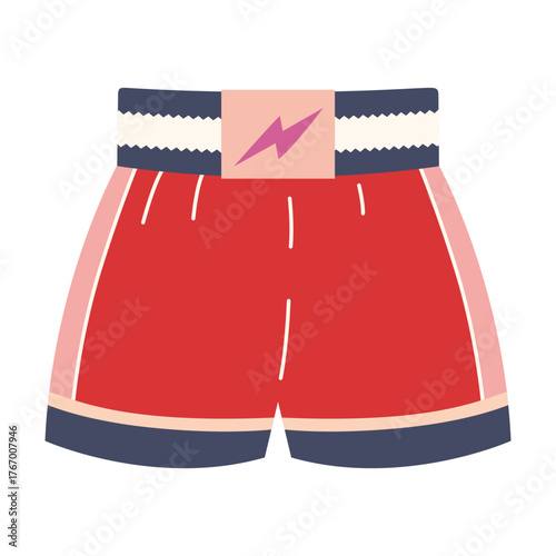 Red boxing shorts with lightning symbol, sporty outfit for fighters and athletes. Trendy modern vector illustration isolated on white background, hand drawn, flat design