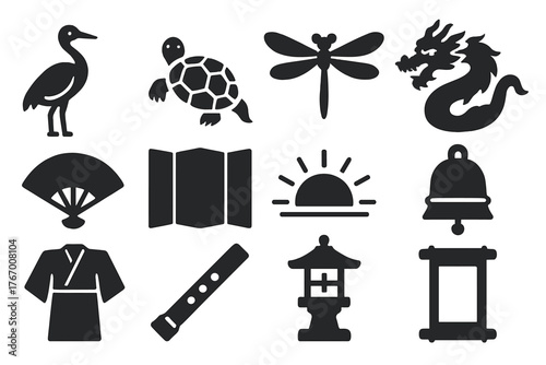 Japanese Symbolism Icons. Solid style icons of Japanese symbolism in gardens: crane bird, turtle stone, dragonfly, dragon carving,